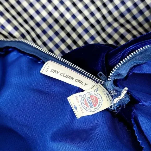 Vintage 70s 80s Union Made Blue Velveteen Maxi Dress Hooded Mantle Set Gingham